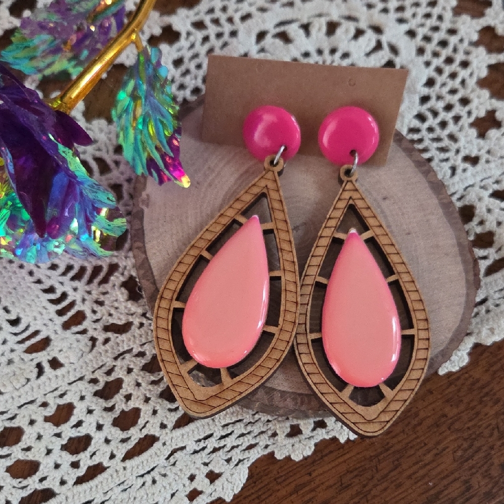 Pink and Wood Teardrop Earrings